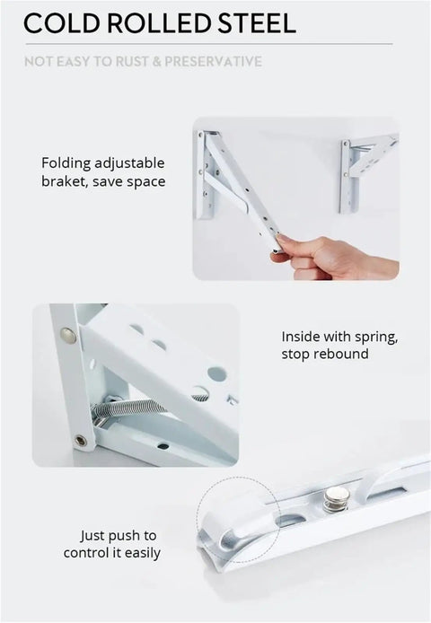 Two Pack Folding Triangle Shelf Brackets Wall Mounted for Tools and Benches 12 Inch White Heavy Duty Spring Support Space Saver
