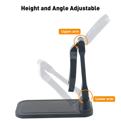 Universal Barcode Scanner Stand With Adjustable Angle And Height Foldable Hands Free Holder For Point Of Sale And Warehouse Ready To Use No Assembly Portable Ideal For Supermarkets Libraries And Stores side view with arm labels