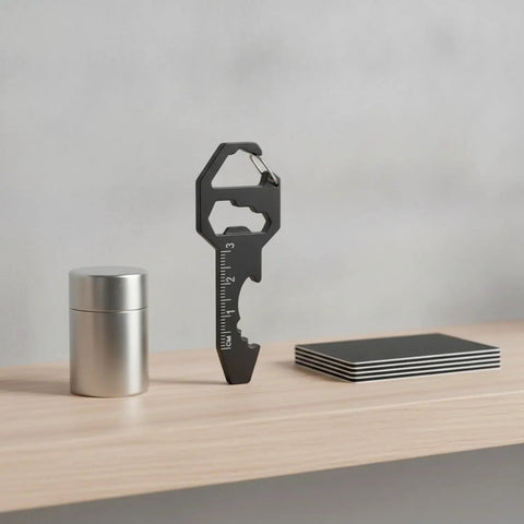 Ultra Slim Metal Multi Tool Card With Bottle Opener And Hex Wrench For Wallet Or Keychain displayed vertically on desk
