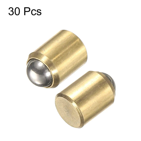 30 Piece Pack Top Shelf Brass Ball Spring Plungers 5Mm X 6Mm No Step Detents Heavy Duty Cabinet Latches close-up of brass plunger parts.