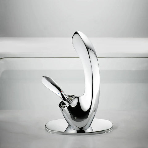 Leaf Type Chrome Bathroom Faucet With Modern Single Handle, sleek vanity tap with pop up drain and deck plate on white sink.