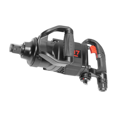 One Inch Drive Air Impact Wrench With A Sturdy D Grip And Twin Hammer Heads for cranking loose nuts, featuring a black steel design.