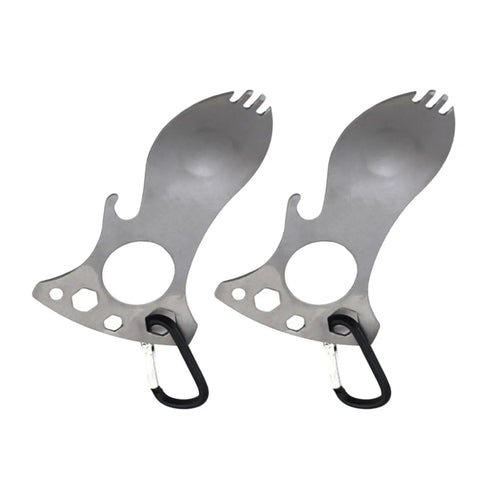 Two stainless steel multifunction camping spoon fork tools with bottle openers, wrenches, and carabiners, compact and portable design.