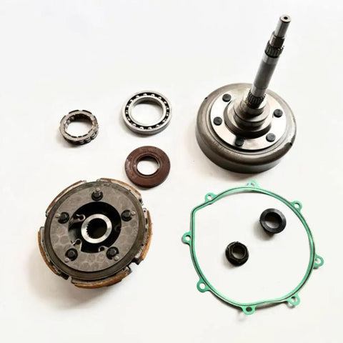 Complete Wet Shoe Clutch Drum Housing Assembly with One Way Bearing Rock Solid Fit for HS400 400cc ATV UTV components laid out.