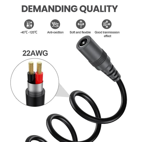 Rock Solid 22AWG DC Power Extension Cable With DC5.5 By 2.1 Mm Jack, showcasing flexible black wire and connector ends.