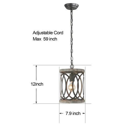 Dope Rustic Wood Pendant Light With Black Metal Shade, 7.9-inch dia, 12-inch high, 59-inch chain, easy sloped-ceiling install