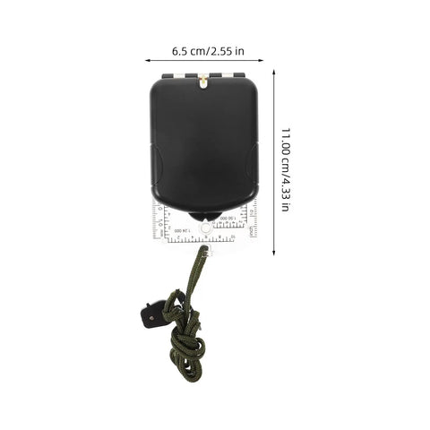 Multifunction Outdoor Compass With Ruler And Mirror showing size dimensions, black ABS plastic, and green cord for navigation.