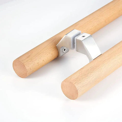 Heavy Duty H Shaped Door Pull Bar With Real Beech Wood Knobs And Dead Nuts Secure 304 Steel Connector For Glass Doors Saunas, close-up view.