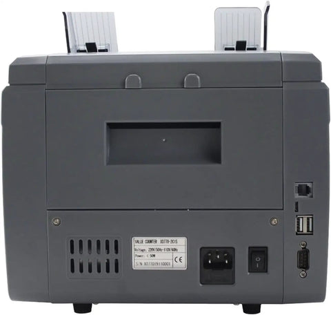 Back view of the Top Shelf Mixed Denomination Money Counter With Auto Currency ID And Smart Counterfeit Detector For Banks And Restaurants.