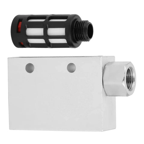 Heavy Duty Pneumatic Vacuum Generator With Vacuum Ejector Valve Built Tough Aluminum Alloy Body showing threaded mounting and filter.