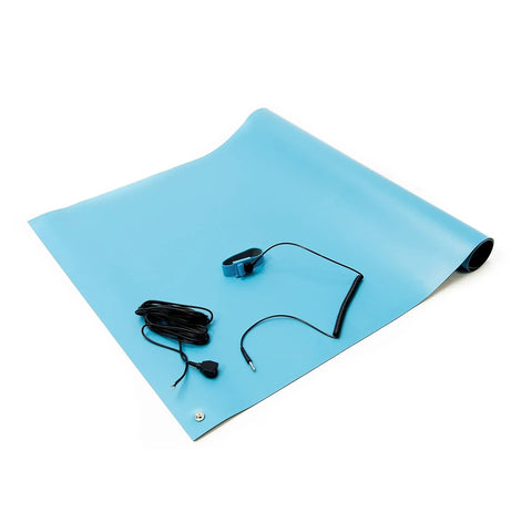Blue ESD high-temperature mat kit flat lay (18x30 in, 0.08 in thick) with wrist strap and grounding cord.