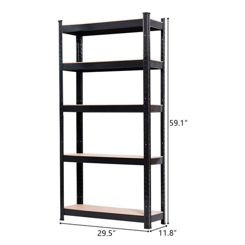 Hella Durable Wide Width 5 Tier Metal Shelving Rack With Quick Adjust Levels And Split Setup For Garage Pantry Or Basement Storage 1900 Lb Capacity Built Tough Black Utility Rack with dimensions shown.