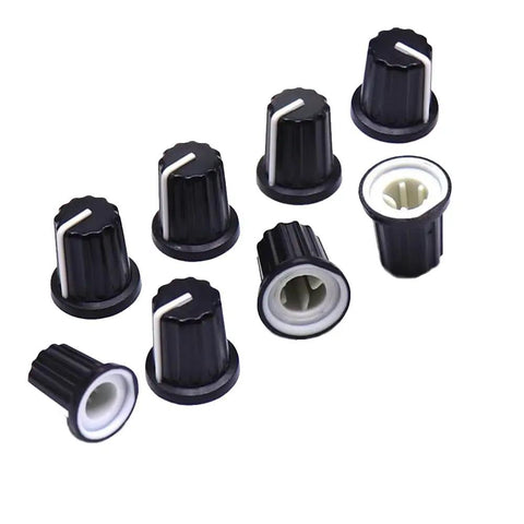 Black rotary knobs from the Ultimate Potentiometer Kit With 11 Values From 500 Ohm To 1 Meg Ohm, 3 pin, shown on white background.