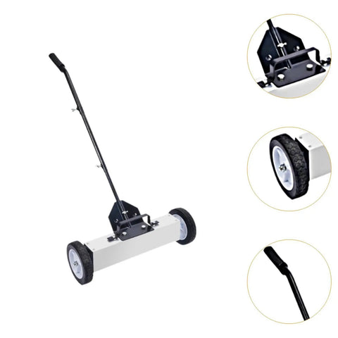 18 Inch Metal Pickup Lawn Sweeper Broom With Adjustable Handle And Wheels For Workshop Debris Collector, showing handle and wheel details.