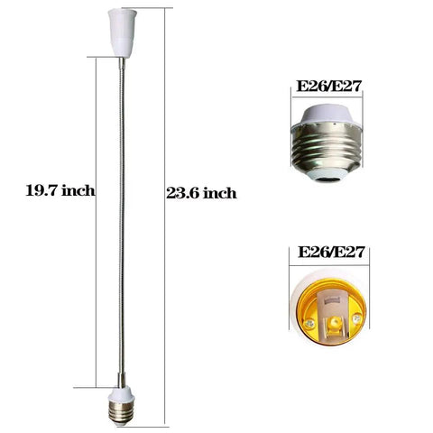 Flexible Gooseneck E26 E27 Light Socket Extender Adapter 22.5 Inch Extension Set illustrating dimensions and socket details