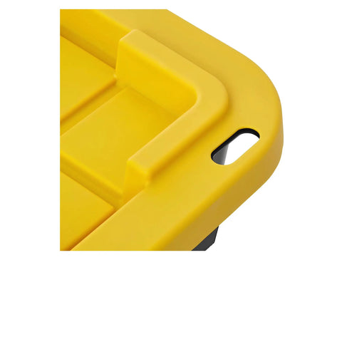 Close-up of Tough As Nails Heavy Duty Storage Totes With Lids featuring a yellow lid and sturdy handle for easy carrying.