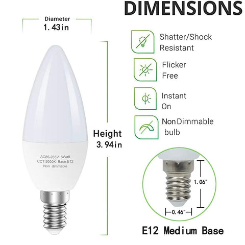 6-Pack E12 LED Candle Light Bulbs 60W Equivalent Non Dimmable Daylight 5000K Type B, bulb dimensions and features image