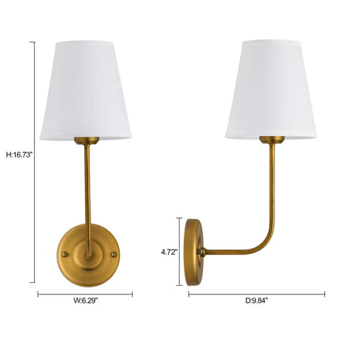 Two hardwired wall sconces with flared white textile shade and curved arm in antique brass finish, size shown, ideal for modern bedrooms.