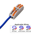 30 Pcs Lever Nut Wire Connectors SPL2 SPL3 Bundle For Quick Splice And Easy Wiring, showing connected blue wire in SPL-3 connector.