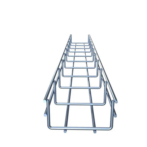 Heavy Duty Electro Zinc Plated Wire Mesh Cable Tray In Sleek Silver Steel Slick Finish For Zero Hassle Organization Corrosion Resistant And Built Like A Tank Straight Up Reliable Includes Eight Pack Measuring 3.94 X 1.97 X 118.12 Inches, viewed from above showing multiple sections.