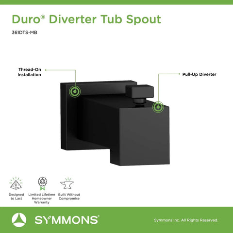 Duro Diverter Tub Spout Square Matte Black Pull Up Diverter Swaps Between Spout And Showerhead Five And Five Eighths Inch Length One Half Inch NPT Metal Construction Heavy Duty For Durability Easy Thread On Install A Great Bath Upgrade shown with labels for features like pull-up diverter and thread-on installation.