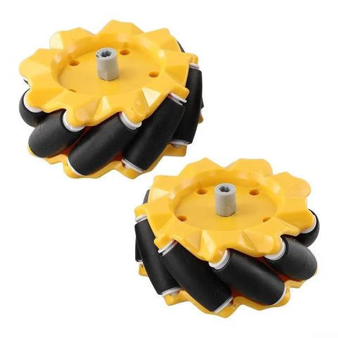 Level Up Your DIY Robotic Setup With This 2 Piece Mecanum Wheel Set For Intelligent Vehicles Delivering Quiet, Stable Grip On Any Surface And True Omnidirectional Movement For Smooth Flexible Navigation. Yellow and black Mecanum wheels, 80mm diameter, 37mm wide.