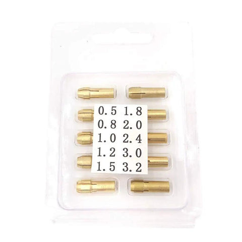 Top Shelf Brass Micro Collet Set 10 Piece 0.5mm To 3.2mm Rotary Tool Adapter in clear packaging for quick tool upgrades.