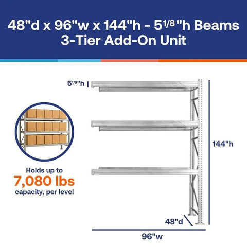 Heavy Duty Galvanized Teardrop Pallet Rack Add On Unit Three Tier No Decking Included Rock Solid Steel Build 48x96x144
