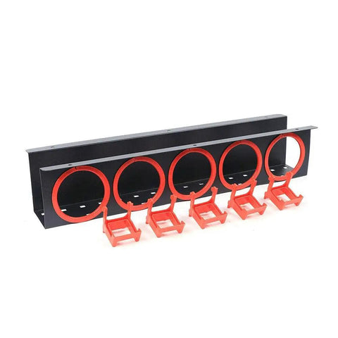 Heavy Duty Wall Mounted Spray Bottle Holder Hella Strong Steel Storage Rack For Garage Cleaning Supplies And Detailing Tools, black with red hooks