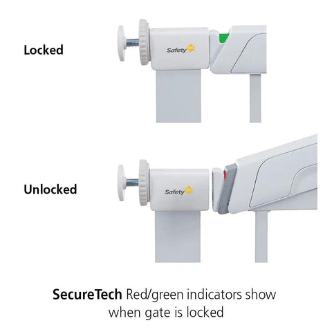 SecureTech indicator on Flat Step Pressure Mounted Baby Gate For Doorways With Door, Easy No Drill Install, Pet Friendly Design.