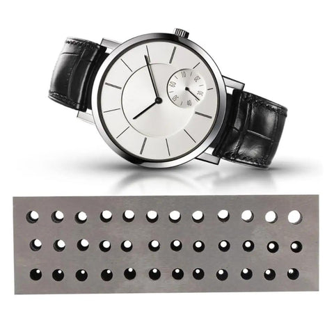 Heavy Duty Watch Staking Tool With Metal Plate 36 holes set shown with watch and steel construction