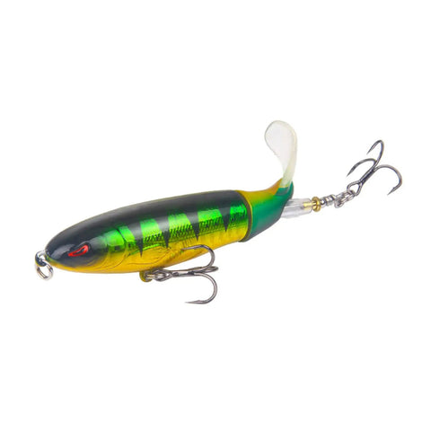 Whopper Bass Topwater Lure Kit With Floating Rotating Tail and Barb Treble Hooks, green and yellow plopper lure with hooks