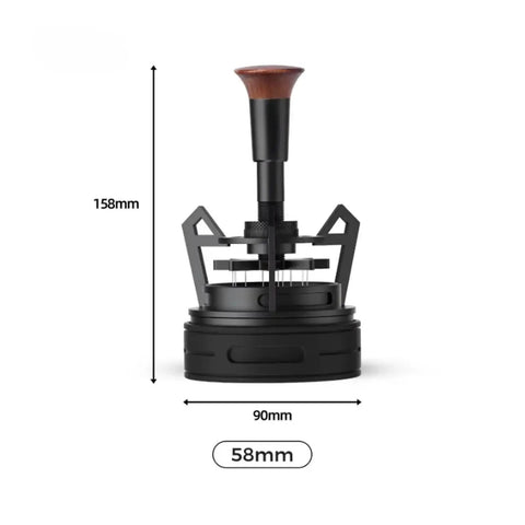 Smooth Operator Espresso Rotary WDT Tool And Coffee Stirrer With Built In Dosing Funnel Stand For Even Powder Distribution and Knockout Barista Shots At 54mm side view with measurements displayed.