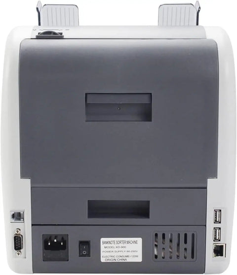 Back view of Heavy Duty Money Counter Machine With Smokin Fast Counterfeit Detector and Dual Pocket Value Bill Sorter.
