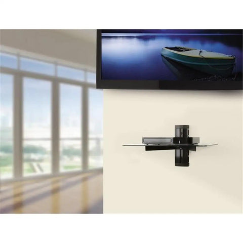 Wall Mounted Media Console Shelf With Adjustable Tempered Glass Tray for Your Streaming Gear featuring sturdy steel brackets, matte black finish.