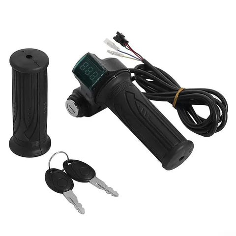 Upgrade Your Ride With This Smart LED Display Throttle Grip Pair Designed For 24-60V Ebike Systems Featuring Secure Lock-On Aluminum Clamps And Real-Time Battery Voltage Monitoring For A Safer And Smoother Electric Bike Journey No More Guessing What. 22.2mm black ebike throttle grip pair with LED display, wire leads and keys