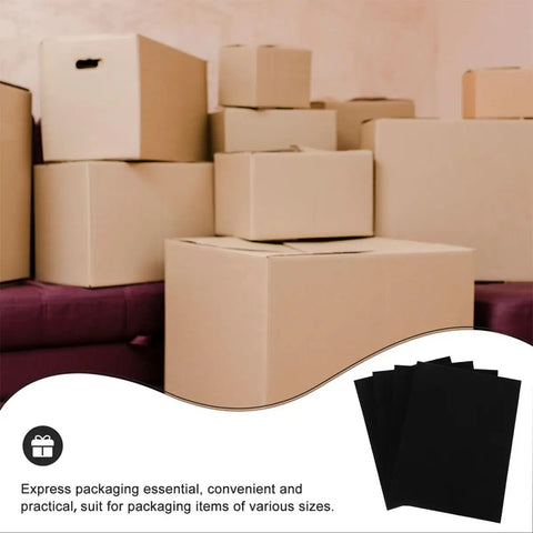 Stacks of boxes with 4 Pack Black Foam Sheets 405x305x25mm Cushioning Padding for Mailing, Camera Gear Storage, Shipping Protection visible.