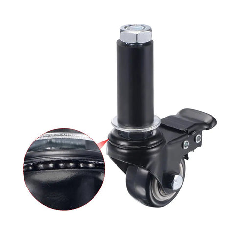 Heavy Duty 4 Pack Swivel Expanding Stem Casters With Firm Brake And Smooth Rolling PVC Wheels Paired With Tough Steel Braces For Quicker Furniture Swap On Tables And Bar Stools In Matte Black close-up on caster wheel and stem