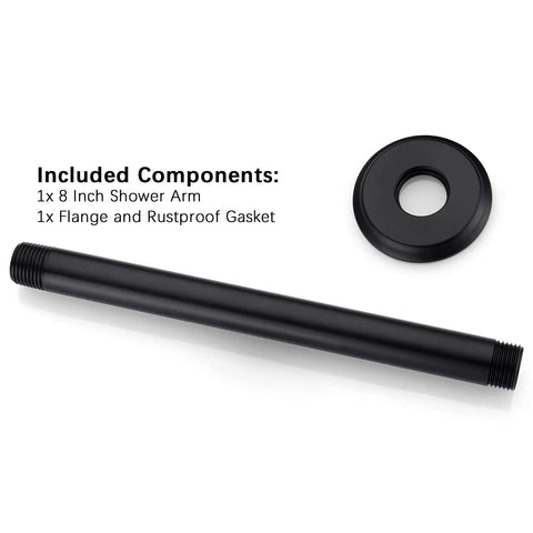 Slick Matte Black 8 Inch Ceiling Mounted Shower Arm With Flange For Rain Shower Head, 304 Stainless Steel Construction