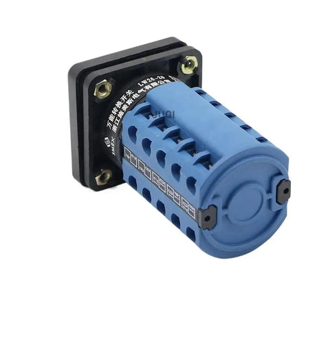Universal 3 Position On Off Change Over Switch 32A 63A 125A With Five Joint Reversing Switch Two To Three Gear Operation And Quick Activation No Nonsense Ergonomic Buttons For Fast Machinery Stop And Redundant Safe Cutoff In Industrial Equipment. Blue industrial rotary switch, front view, plastic housing