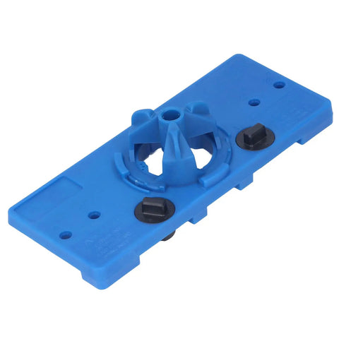 Premium 35mm Hinge Hole Saw Jig Kit For Woodworking Pros That Sets Cup And Screw Holes In One Go With Adjustable Depth and durable blue plastic material.