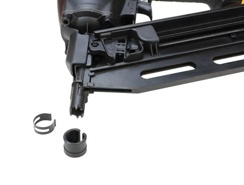 Close-up of 21 Degree Framing Nailer With Magnesium Housing For Pro Builders Drives 2 In To 3 And A Half In Full Head Plastic Collated Nails