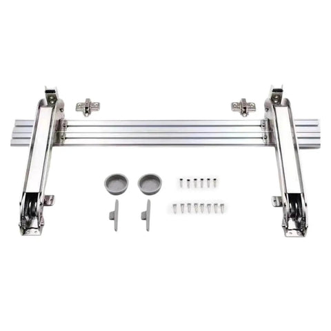 Lowkey Silent 180 Degree Parallel Opening Door Hinge Featuring Heavy Duty Steel Build And Integrated Soft Close Buffer For Smooth Motion And Hassle Free Installation with accessories on a white background.