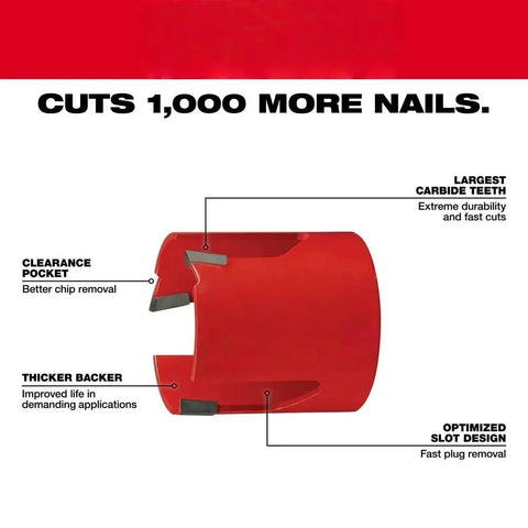 9 Piece Hole Saw Kit With Carbide Teeth Compatible With Milwaukee 49569295 For Cutting Wood Nails Shingles Concrete Includes Arbor And Pilot Bits Inside Compact Organizer Case, red carbide hole saw close-up