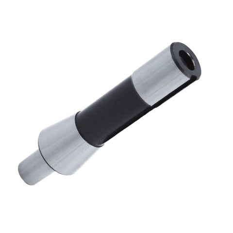 R8 to JT6 drill chuck arbor adapter; silver ends with black middle section, side view