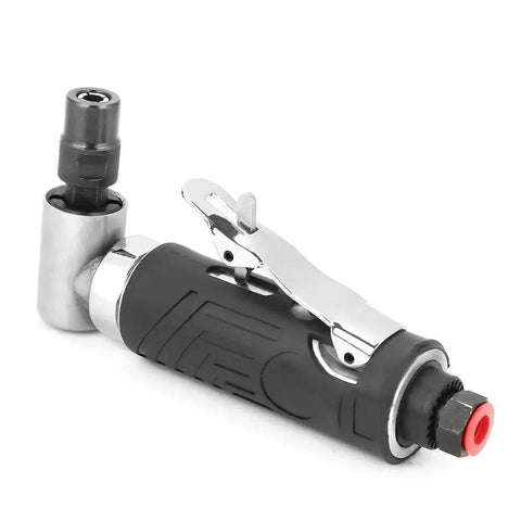 Pro Tier Slick Angle Pneumatic Die Grinder For Nitty Gritty Detail Work And Heavy Metal Chops At High Speed Rpm With Quarter Inch Air Inlet And Compact Angled Head Design showing 90 degree angle with rubber grip.