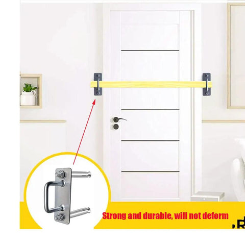 2Pack Heavy Duty Steel Door Security Bar Holders Locking Brackets with yellow barricade bar installed on a white door.