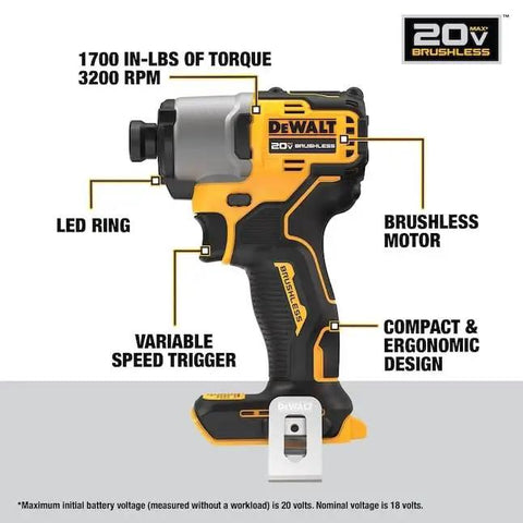 Killer 20V Max Brushless Hammer Drill And Impact Driver Combo Kit showcasing compact design with LED ring and variable speed trigger.