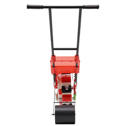 Rugged Hand Push Seeder For Row Crops Walk Behind Planter And Fertilizer Applicator with Six Nozzles, rear view.