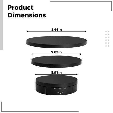 Premium Motorized Rotating Display Stand With Remote Control And Three Speed Settings dimensions showing 8.66in, 7.09in, and 5.91in sizes.